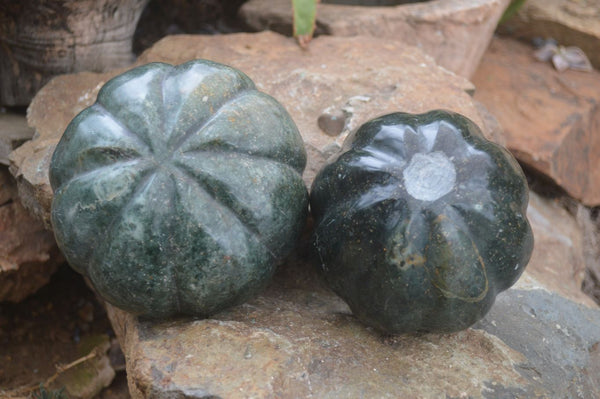 Polished Green Serpentine Pumpkin Carvings  x 2 From Zimbabwe - Toprock Gemstones and Minerals 