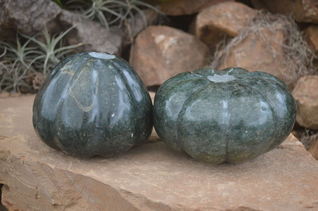 Polished Green Serpentine Pumpkin Carvings  x 2 From Zimbabwe - Toprock Gemstones and Minerals 