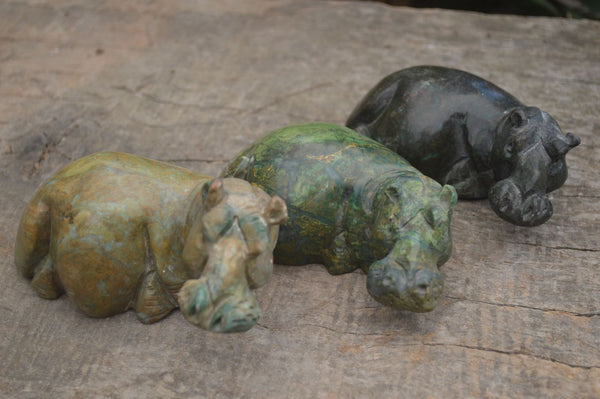 Polished Green Verdite Hippo Carvings  x 3 From Zimbabwe - TopRock