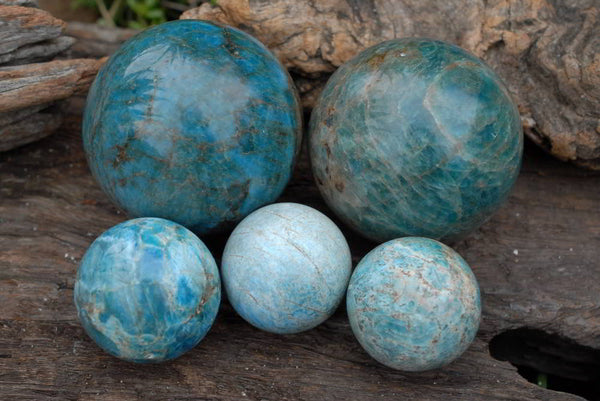 Polished Mini Light Blue and Larger Darker Blue Apatite Spheres  x 5 From Madagascar - TopRock