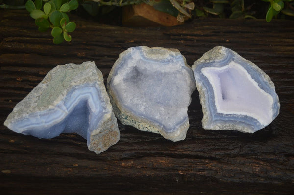 Natural Blue Lace Agate Geode Specimens  x 3 From Malawi