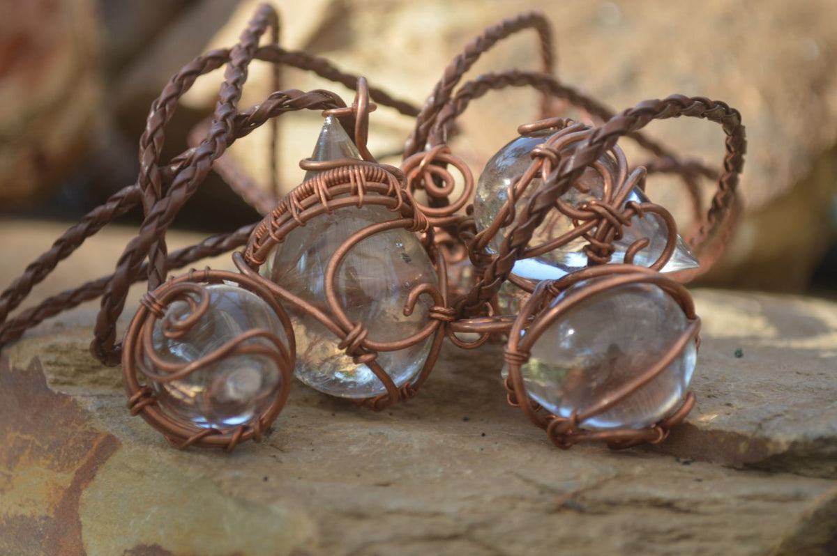 Polished  Copper Wire Wrapped Clear Quartz Pendants  x 6 From Southern Africa - Toprock Gemstones and Minerals 