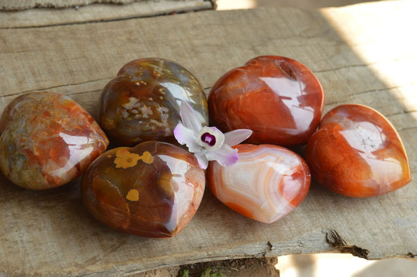 Natural Beautiful Selection Of Large Carnelian Agate Hearts  x 6 From Madagascar - TopRock