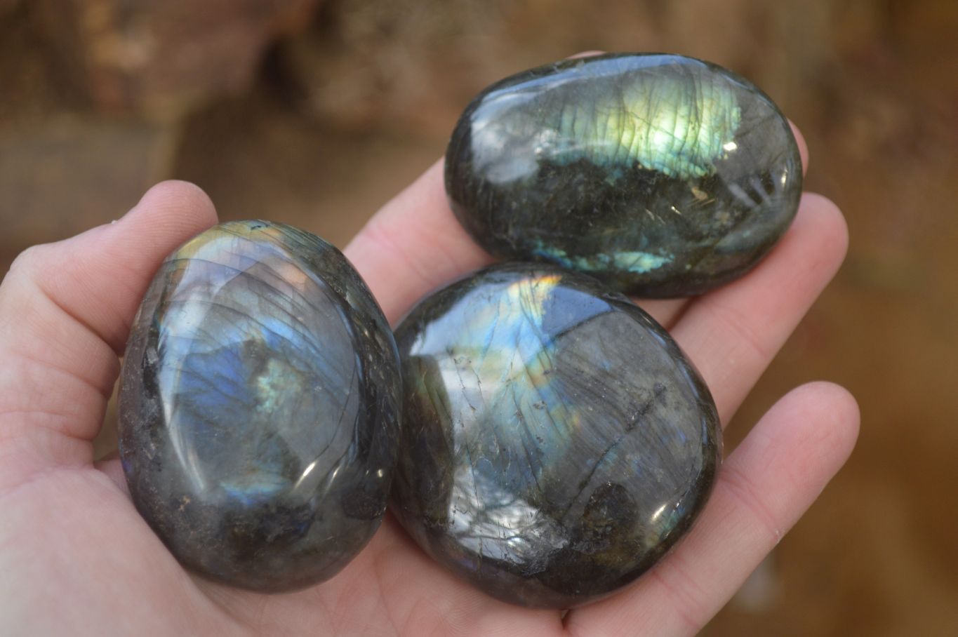 Polished Flashy Labradorite Palm Stones  x 12 From Tulear, Madagascar - Toprock Gemstones and Minerals 