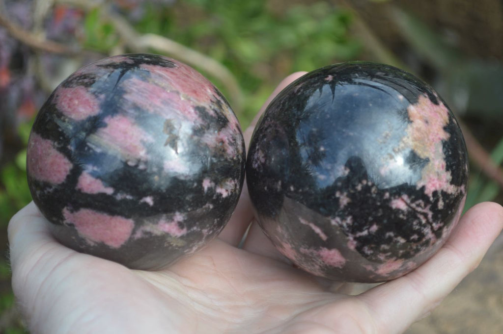 Polished Rhodonite Spheres x 2 From Ambindavato, Madagascar - Toprock Gemstones and Minerals 