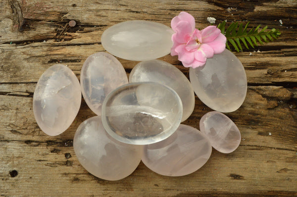 Polished Mixed Selection Of Girasol Pearl & Rose Girasol Quartz Palm Stones x 9 From Ambatondrazaka, Madagascar - TopRock