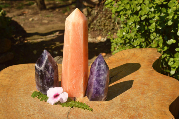 Polished Small Amethyst & Large Orange Calcite Prism / Points x 3 From Southern Africa - TopRock