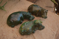 Polished Green Verdite Hippo Carvings  x 3 From Zimbabwe - Toprock Gemstones and Minerals 
