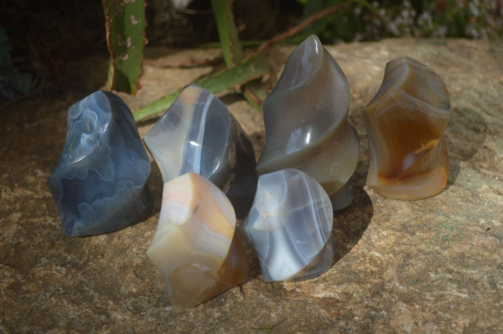 Polished Banded Agate Flames  x 6 From West Coast, Madagascar - Toprock Gemstones and Minerals 