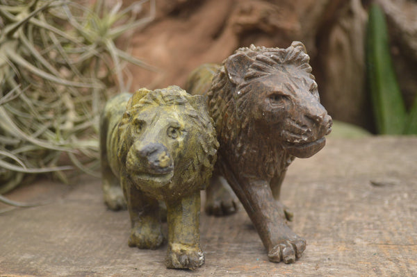 Polished Verdite & Leopard stone Lion Carvings  x 2 From Zimbabwe - TopRock