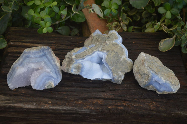 Natural Blue Lace Agate Geode Specimens  x 3 From Malawi