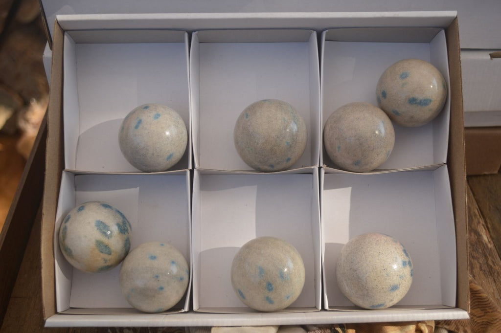 Polished Blue Spotted Spinel Quartz Spheres x 8 From Madagascar - Toprock Gemstones and Minerals 