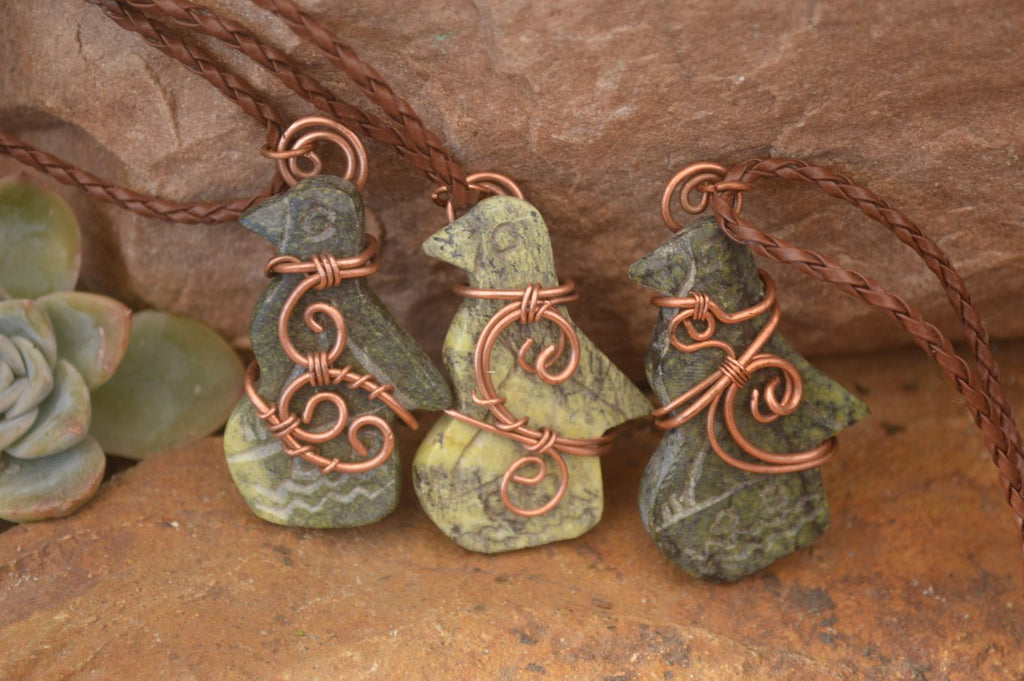 Polished  Copper Wire Wrapped Soapstone Eagle Pendants x 6 From Zimbabwe - Toprock Gemstones and Minerals 