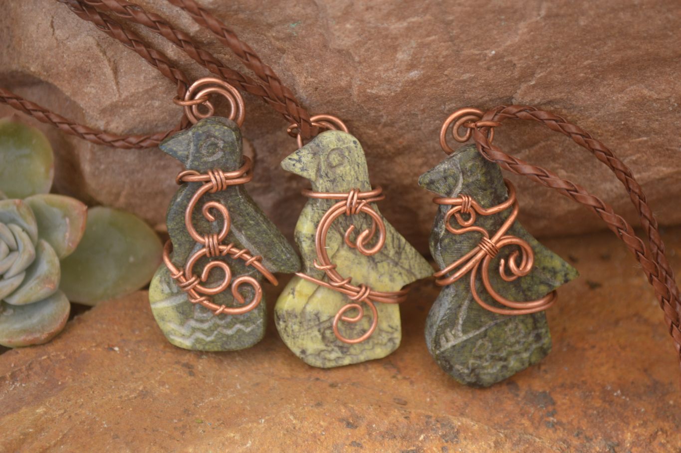 Polished  Copper Wire Wrapped Soapstone Eagle Pendants x 6 From Zimbabwe - Toprock Gemstones and Minerals 