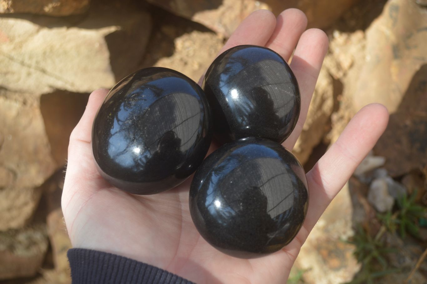 Polished Black Basalt Palm Stones x 12 From Madagascar - Toprock Gemstones and Minerals 