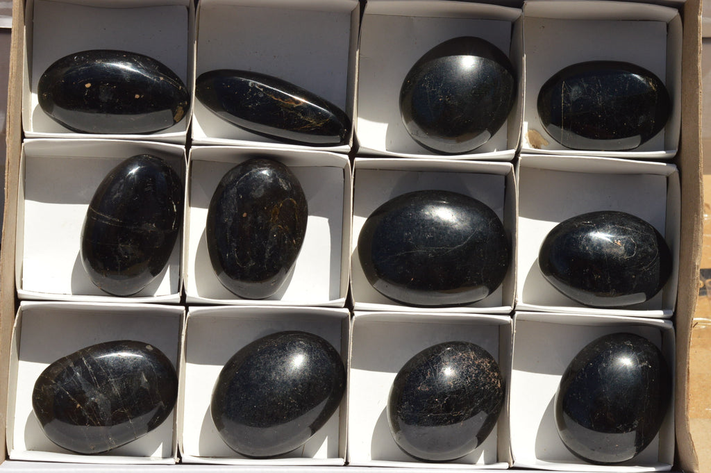 Polished Schorl Black Tourmaline Palm Stones  x 12 From Madagascar - TopRock