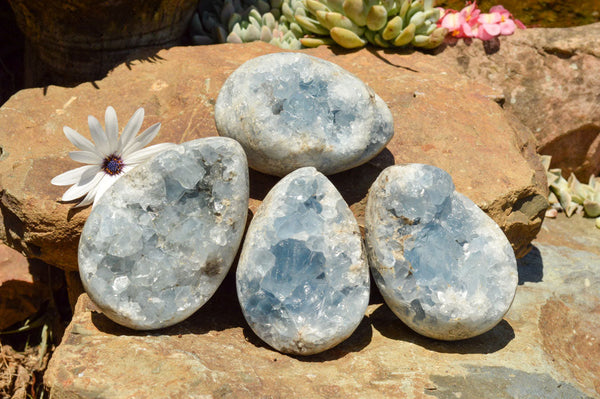 Polished Blue Celestite Eggs With Crystalline Centres  x 4 From Madagascar - TopRock
