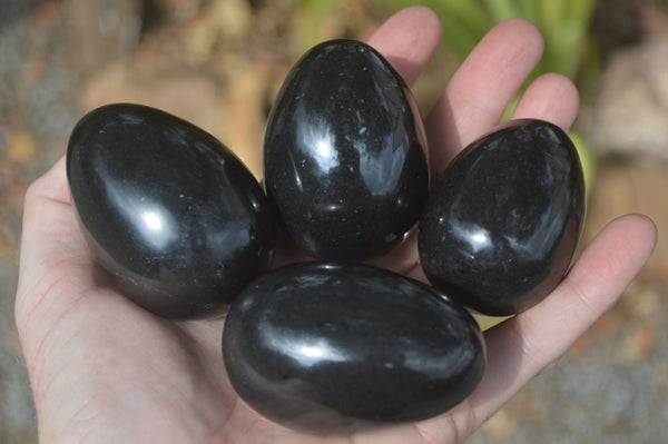 Polished Black Basalt Eggs  x 12 From Antsirabe, Madagascar - Toprock Gemstones and Minerals 