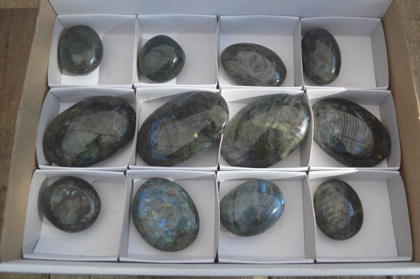 Polished  Flashy Labradorite Palm Stones  x 12 From Tulear, Madagascar - Toprock Gemstones and Minerals 