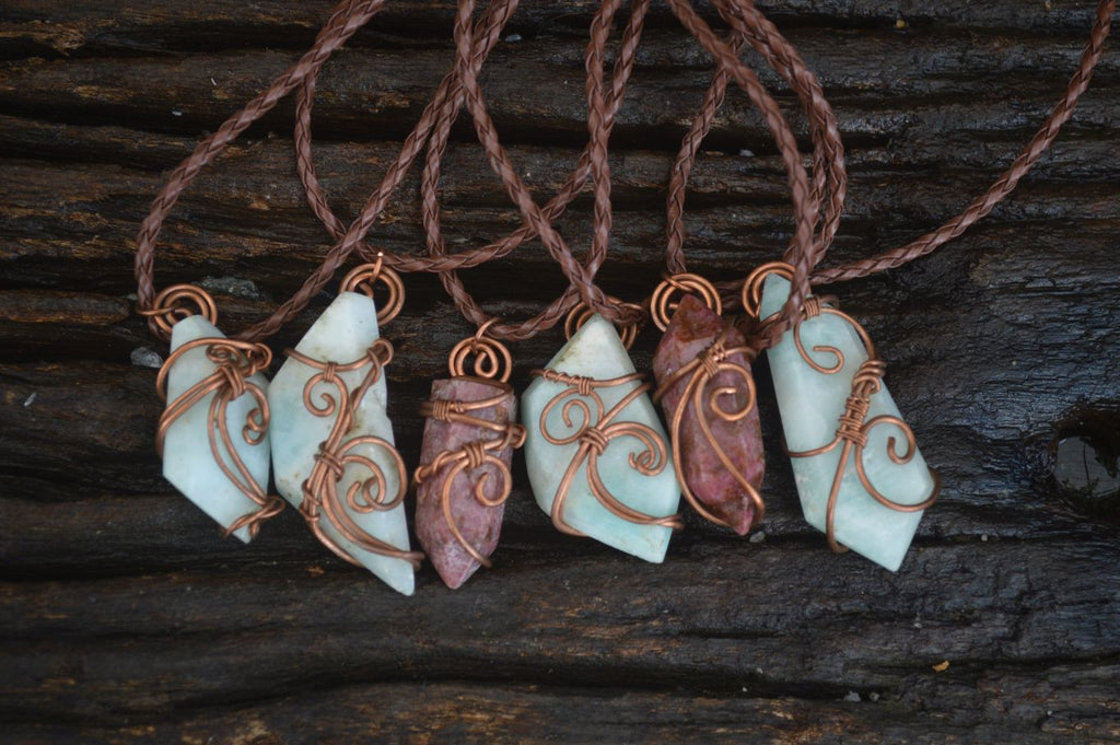 Polished Mixed Copper Wire Wrapped Jewellery Pendants x 6 From Congo - Toprock Gemstones and Minerals 