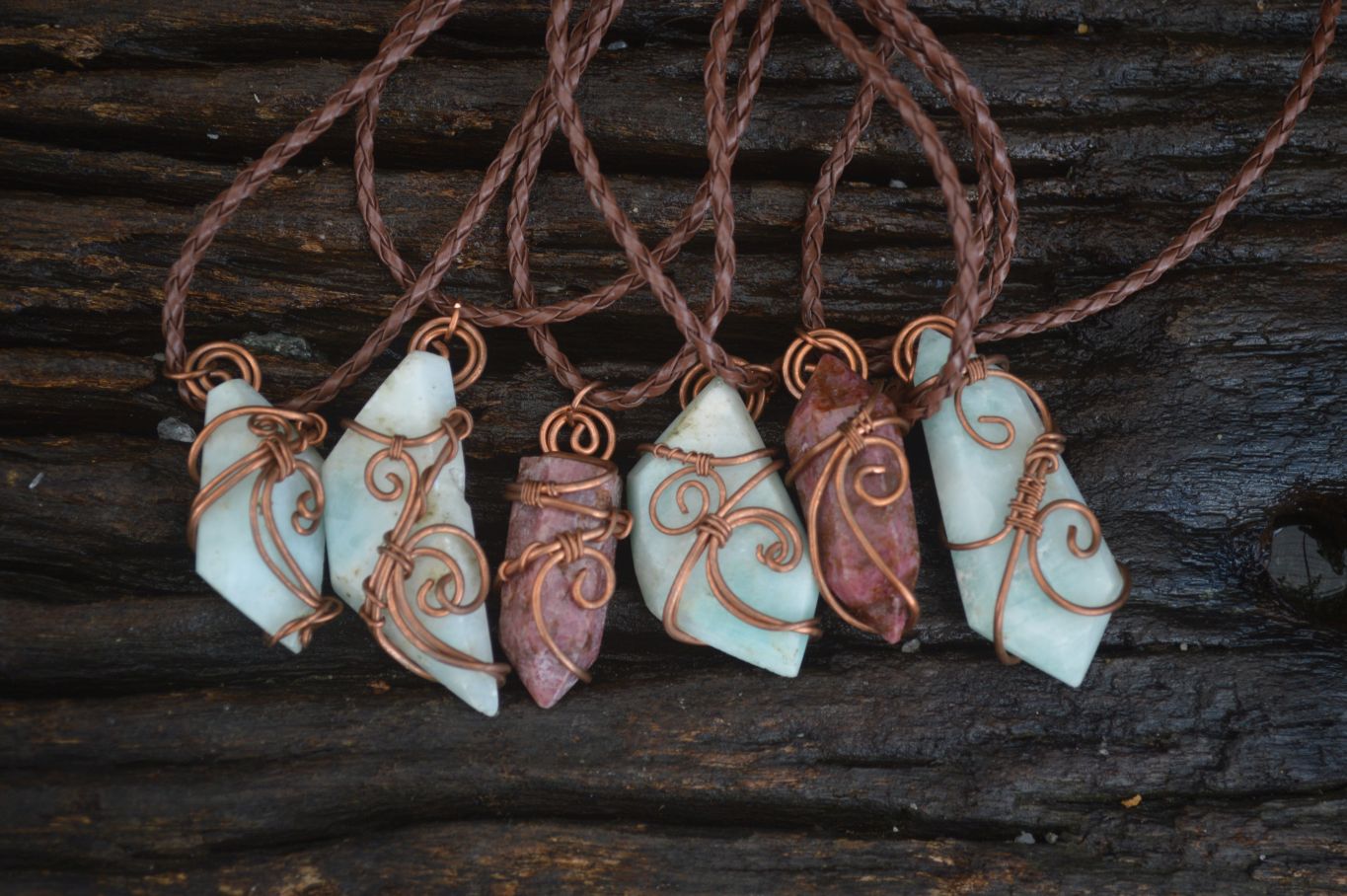 Polished Mixed Copper Wire Wrapped Jewellery Pendants x 6 From Congo - Toprock Gemstones and Minerals 