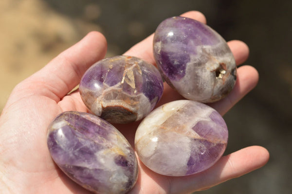 Polished Amethyst Palm Stones With Smokey Patterns  x 12 From Madagascar