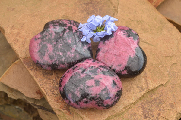 Polished Beautiful Pink & Black Rhodonite Hearts x 3 From Madagascar - TopRock