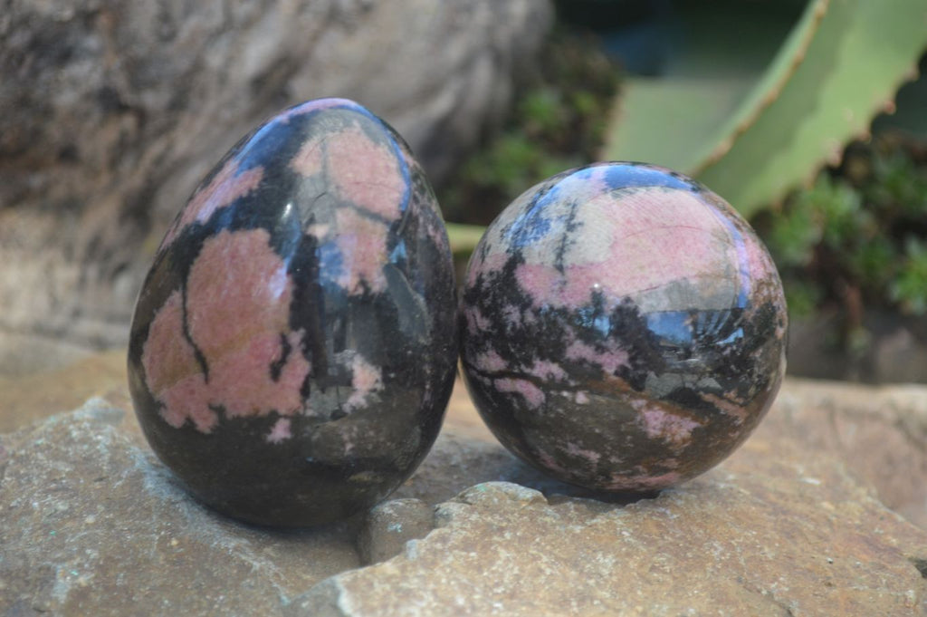 Polished Pink Rhodonite Sphere & Egg x 2 From Madagascar - Toprock Gemstones and Minerals 