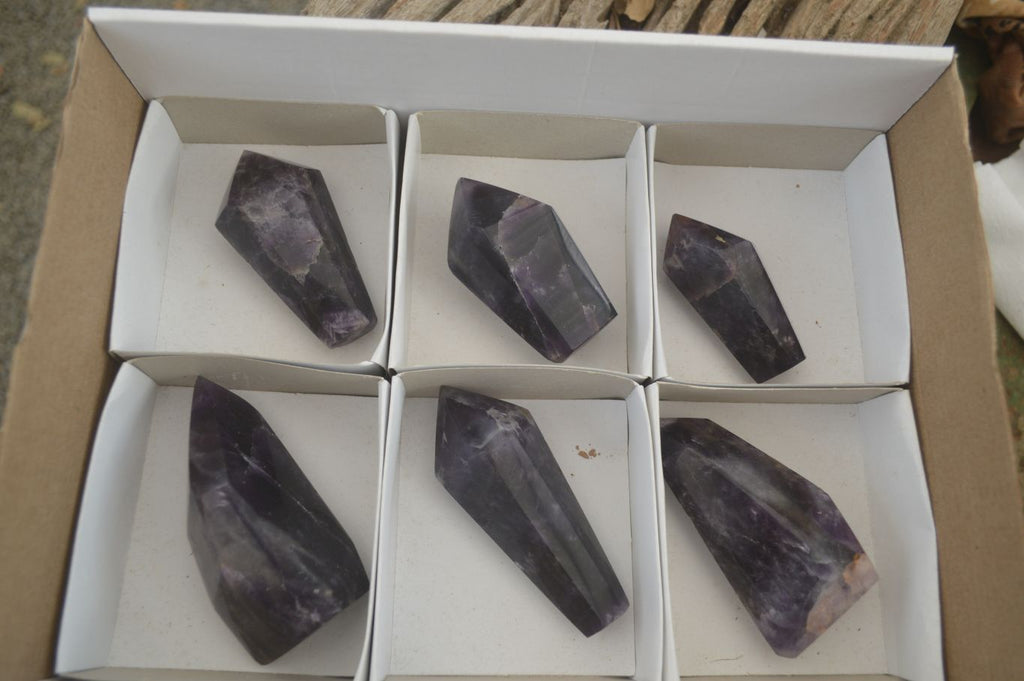 Polished Deep Purple Chevron Amethyst Points x 6 From Zambia - Toprock Gemstones and Minerals 
