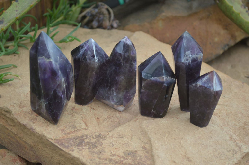 Polished Deep Purple Chevron Amethyst Points x 6 From Zambia - Toprock Gemstones and Minerals 