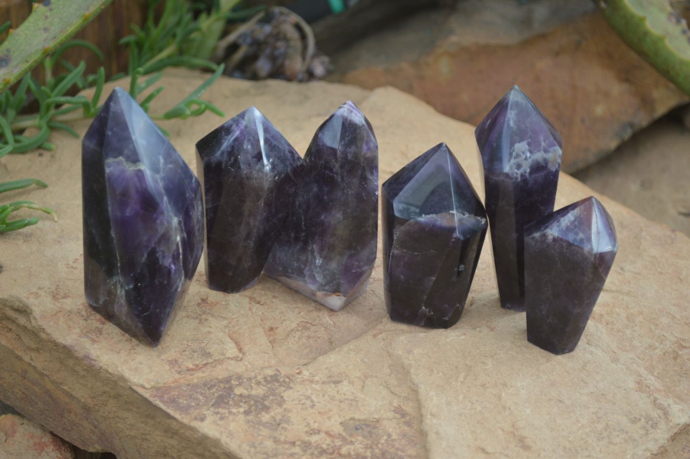 Polished Deep Purple Chevron Amethyst Points x 6 From Zambia - Toprock Gemstones and Minerals 