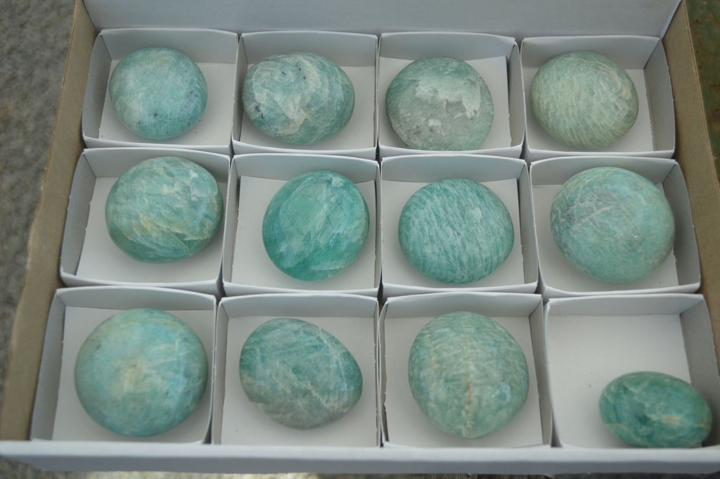 Polished Blue Amazonite Palm Stones  x 12 From Ambositra, Madagascar - Toprock Gemstones and Minerals 