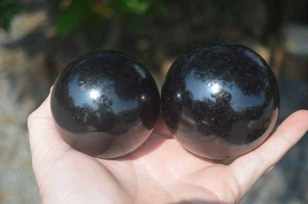 Polished Schorl Black Tourmaline Spheres  x 2 From Madagascar - Toprock Gemstones and Minerals 