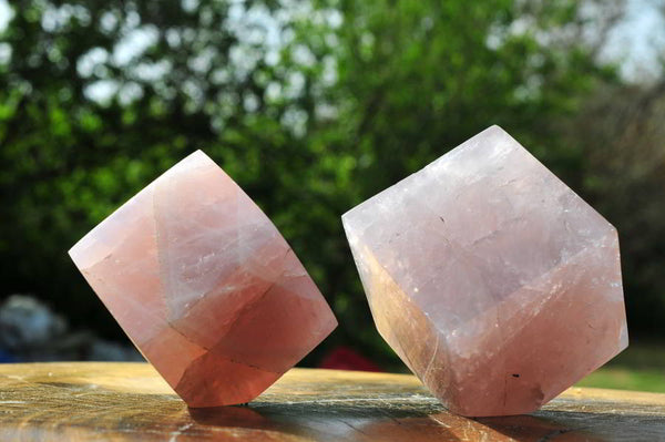 Polished Rose Quartz Cubes Corner Cut To Stand x 2 From Antsirabe, Madagascar - TopRock
