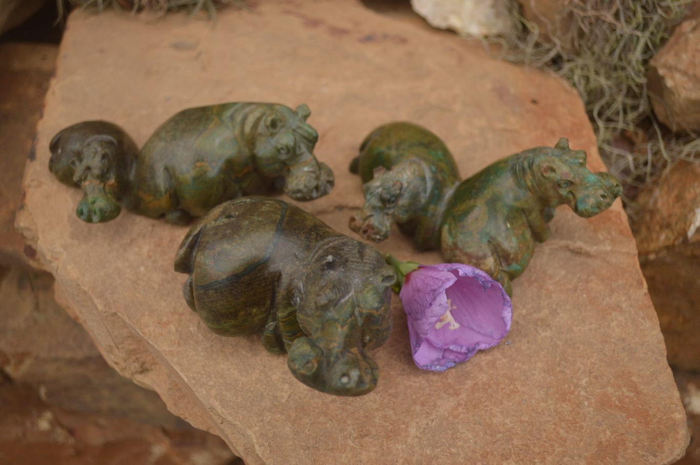 Polished Verdite Hippo Carvings  x 3 From Zimbabwe - TopRock