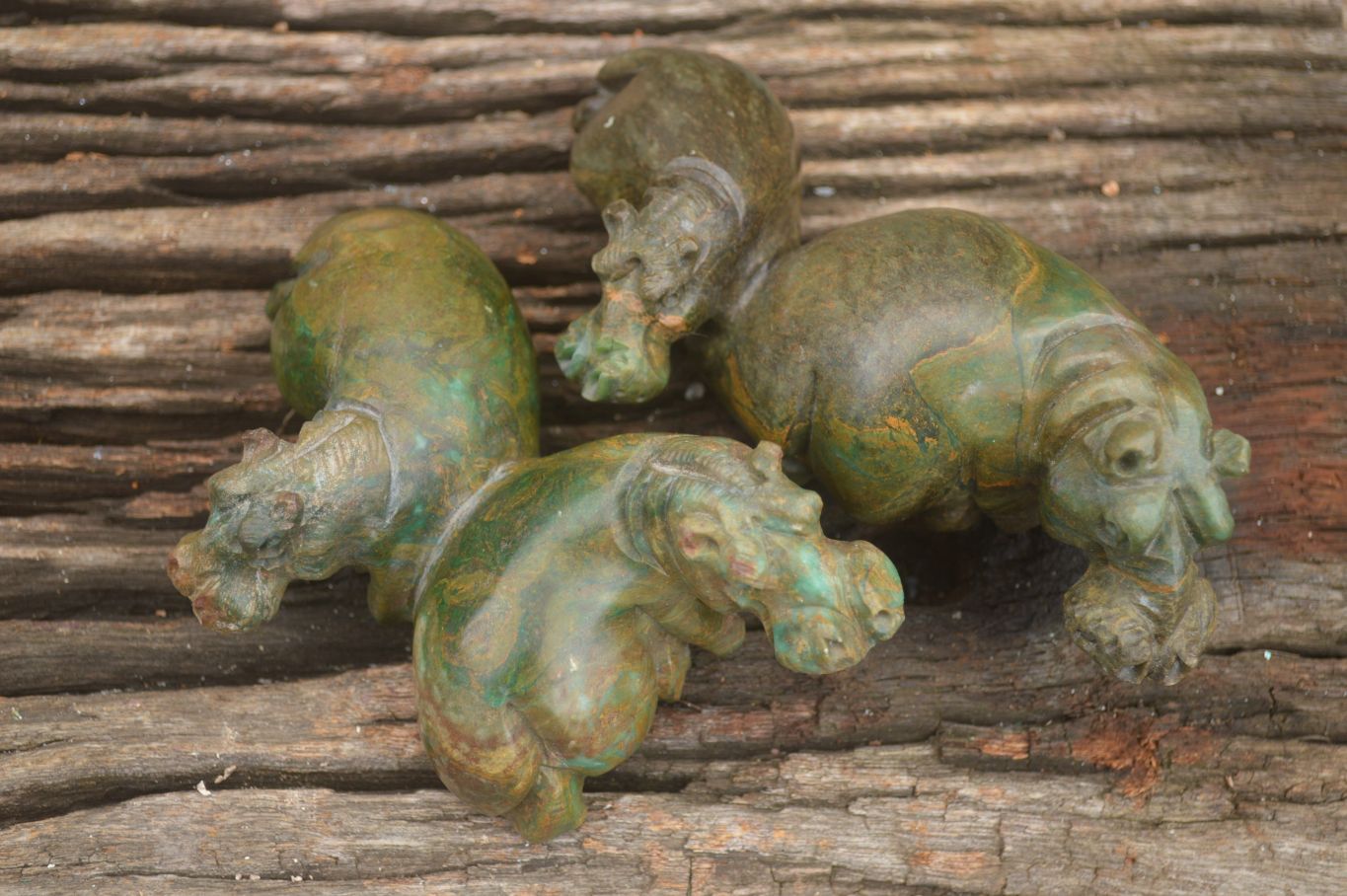 Polished Verdite Hippo Carvings  x 3 From Zimbabwe - TopRock