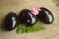 Polished Large Black Schorl Tourmaline Palm Stones x 3 From Madagascar - TopRock