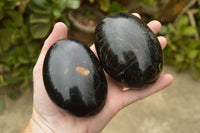 Polished Large Black Schorl Tourmaline Palm Stones x 3 From Madagascar - TopRock
