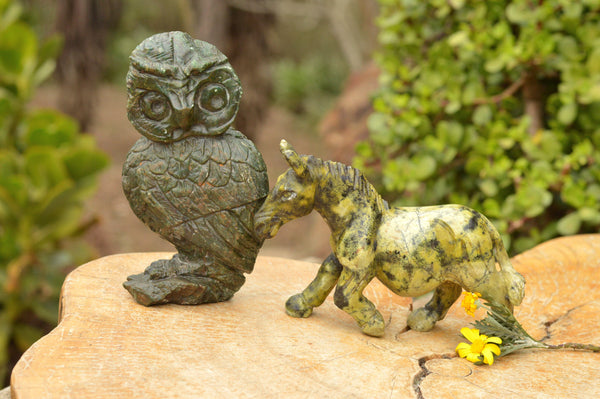 Polished Hand Carved Leopard Stone & Verdite Animal Carvings  x 2 From Zimbabwe - TopRock