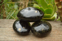 Polished Large Black Schorl Tourmaline Palm Stones x 3 From Madagascar - TopRock