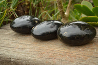 Polished Large Black Schorl Tourmaline Palm Stones x 3 From Madagascar - TopRock