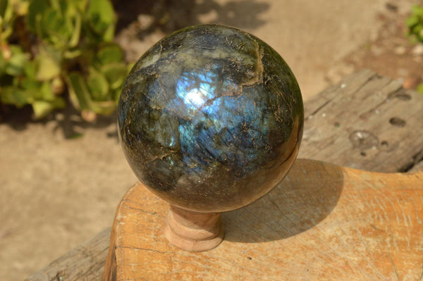 Polished Large Labradorite Sphere & Palisandre Rosewood Stand x 2 From Tulear, Madagascar - TopRock