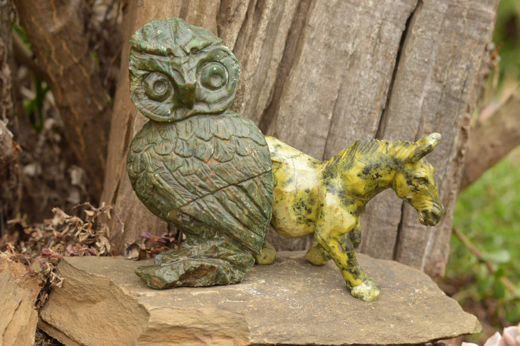 Polished Hand Carved Leopard Stone & Verdite Animal Carvings  x 2 From Zimbabwe - TopRock