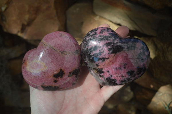 Polished Pink & Black Rhodonite Hearts  x 4 From Madagascar - Toprock Gemstones and Minerals 