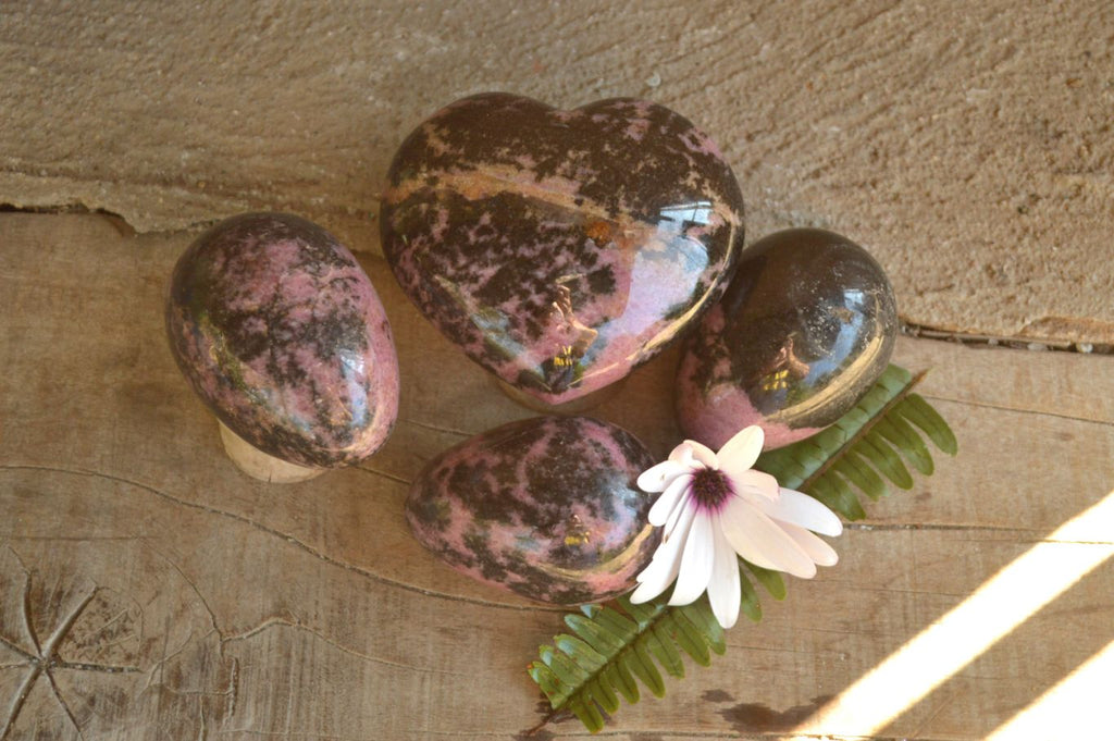 Polished Pink & Black Rhodonite Eggs & One Heart x 4 From Madagascar - TopRock