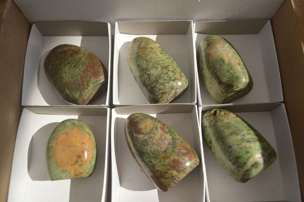 Polished  Green Chrysoprase Standing Free Forms  x 6 From Ambatondrazaka, Madagascar - Toprock Gemstones and Minerals 