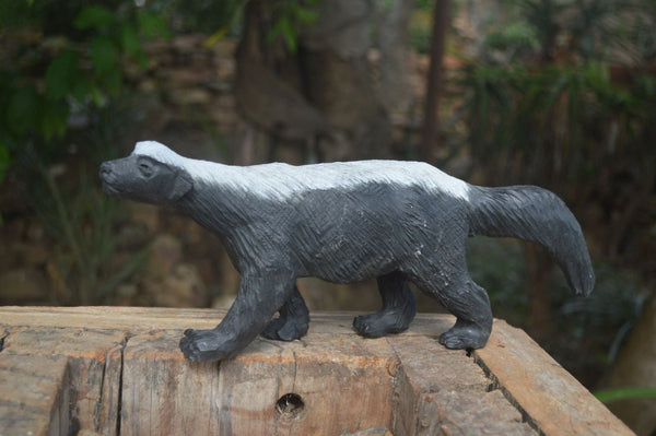 Polished Groovy Black & White Soapstone Honey Badger Carving  x 1 From Zimbabwe - Toprock Gemstones and Minerals 