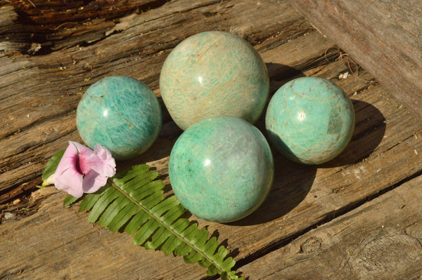 Polished Shimmery Blue Amazonite Spheres x 4 From Ambositra, Madagascar - TopRock