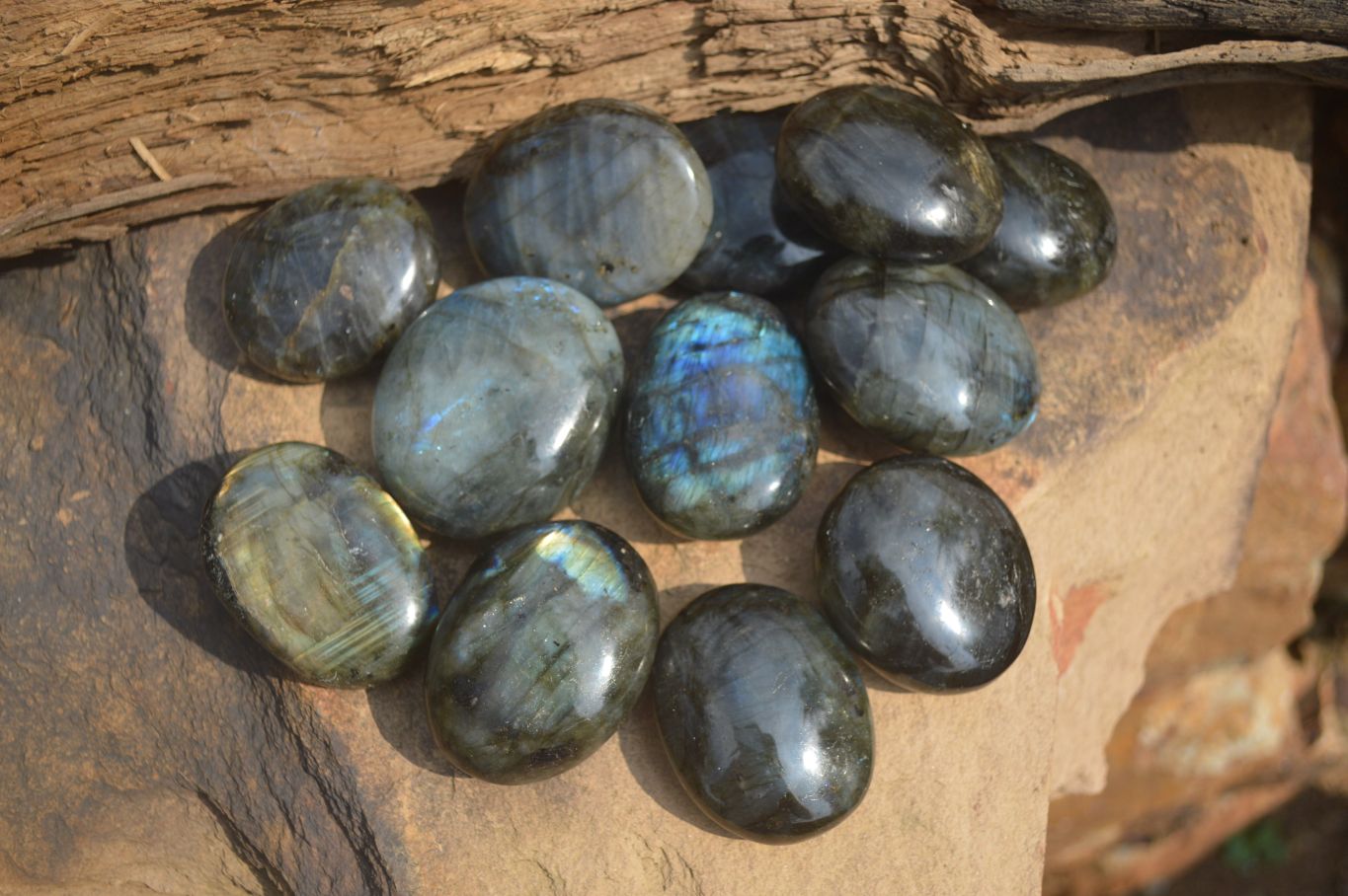 Polished Blue & Gold Labradorite Palm Stones  x 12 From Tulear, Madagascar - Toprock Gemstones and Minerals 