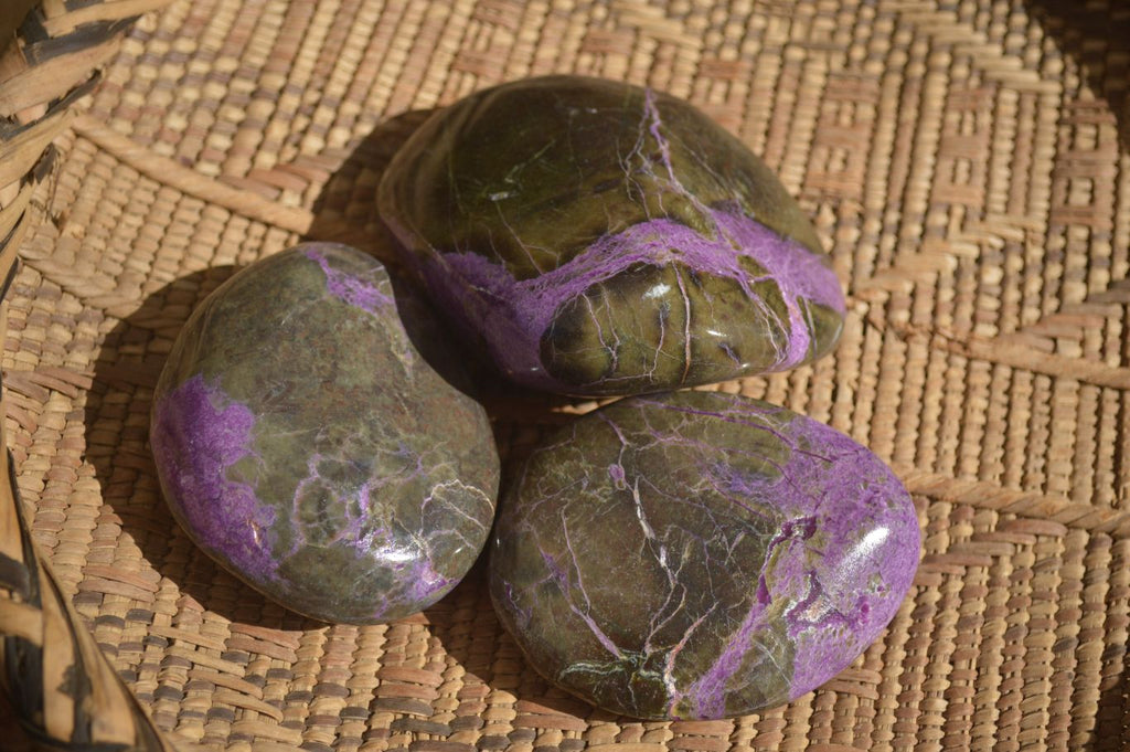 Polished Stichtite & Serpentine Free Forms With Silky Purple Threads x 3 From Barberton, South Africa - Toprock Gemstones and Minerals 